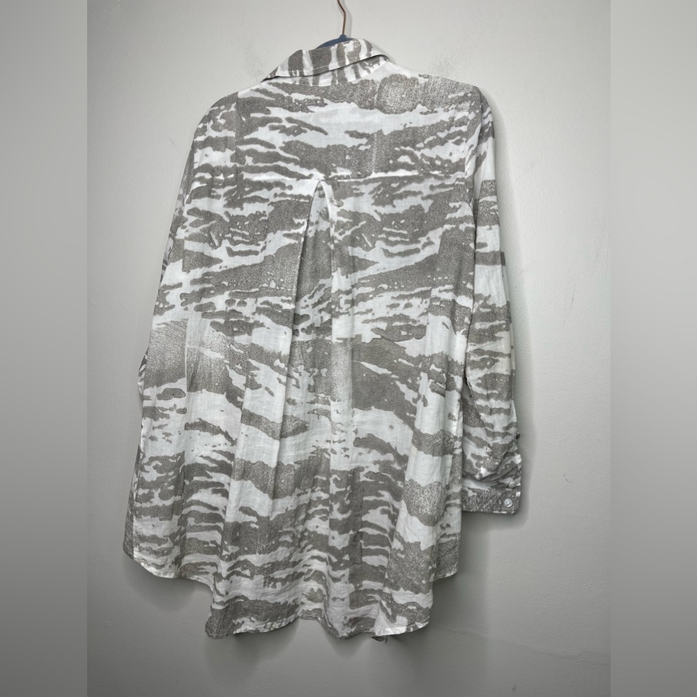 Enza Costa White Abstract Art To Wear Cotton Button Down Shirt Sz 3 L Coastal